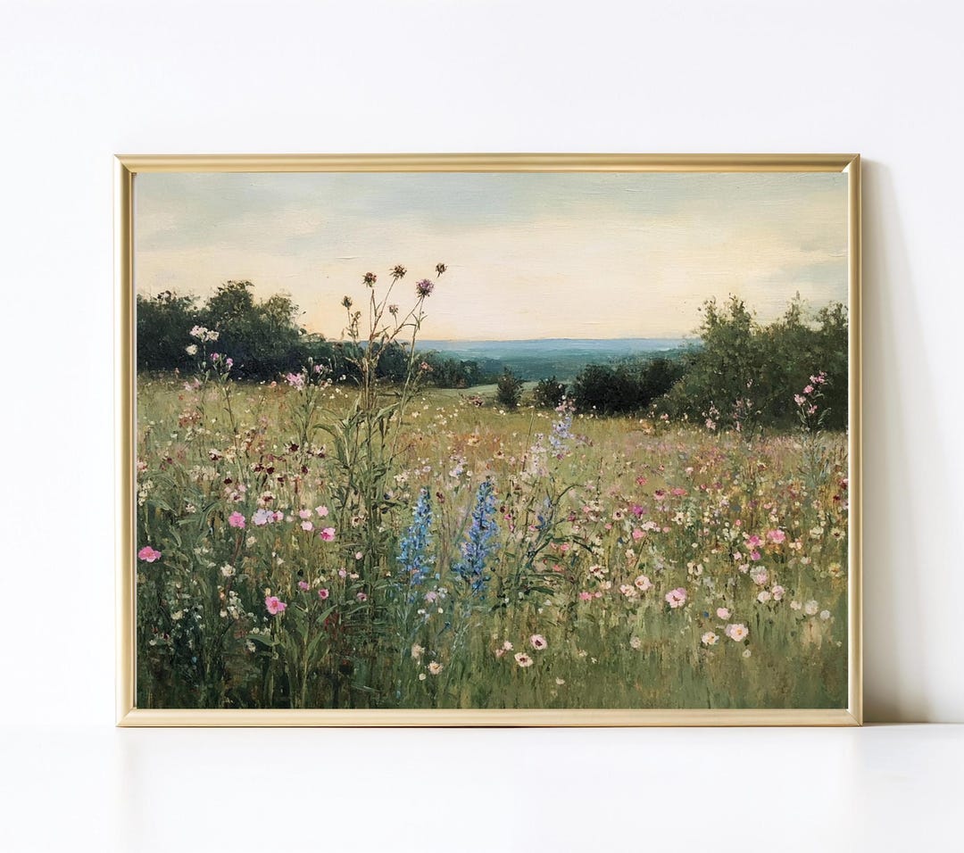 Wildflower Meadow Painting | Vintage Wall Art Print | Muted Landscape ...