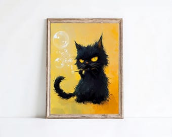 Gato negro soplando burbujas / Decoración de pared moderna / Decoración de pared de gatos / Arte de gatos imprimible / Arte de pared imprimible / Decoración imprimible para amantes de los gatos / E816
