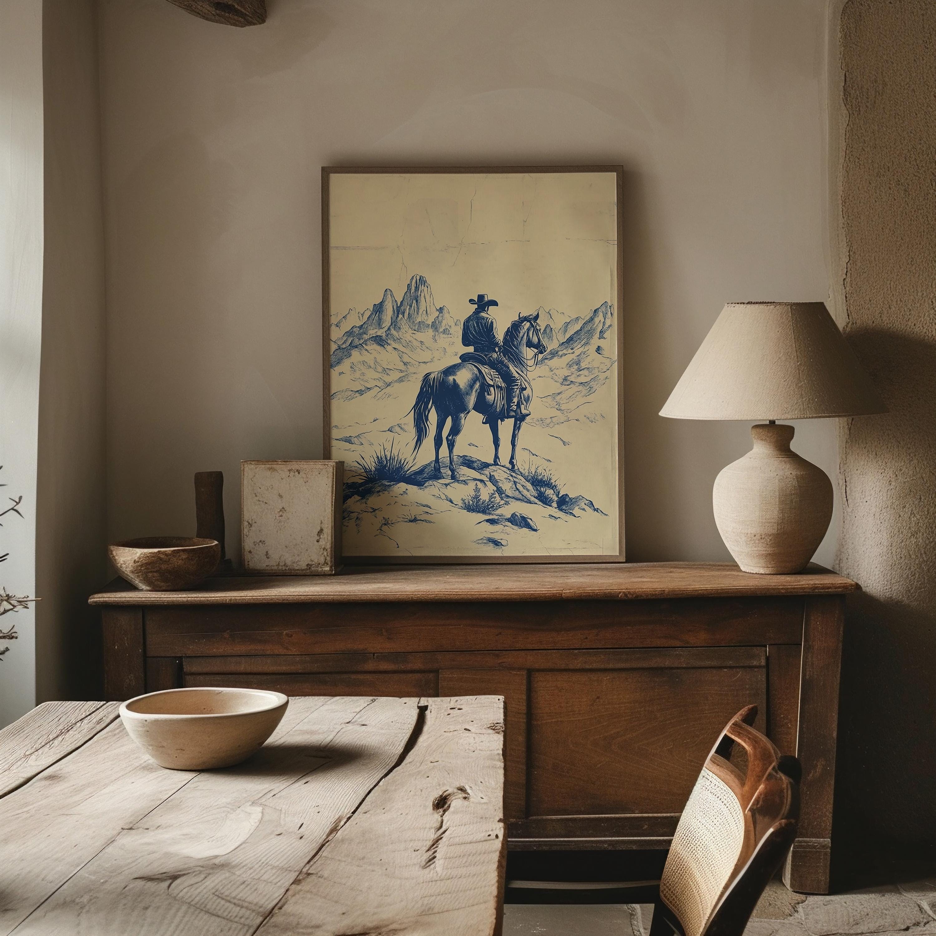 Western Chinoiserie Art Print | Blue Cowboy Wall Decor | Vintage Horse ...