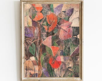 Abstrait botanique antique | Peinture florale abstraite moderne colorée | Impression d'art moderne | Art imprimable grand-millénaire | E612