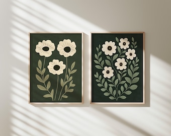 Mörkgrönt blommigt set om två | Grön och beige abstrakt dekor | Minimalistisk matrumsinredning | Stämningsfulla konsttryck | UTSKRIFTBAR konst | E621