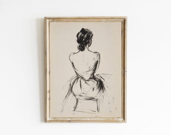 Charcoal Sketch of a Woman | Line Drawing | Neutral Farmhouse Wall Decor | Contemporary Modern Neutral Art | PRINTABLE | Downloadable | E923