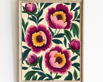 Livfulla pioner | Färgglada moderna rosa pioner blommålningar | Samtida sommarblommig konsttryck | Stor färgglad utskrivbar konst | E645
