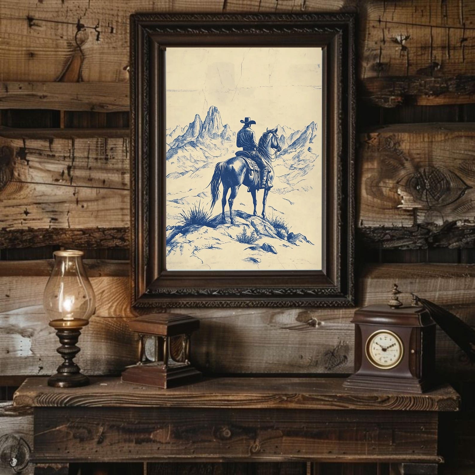 Western Chinoiserie Art Print | Blue Cowboy Wall Decor | Vintage Horse ...