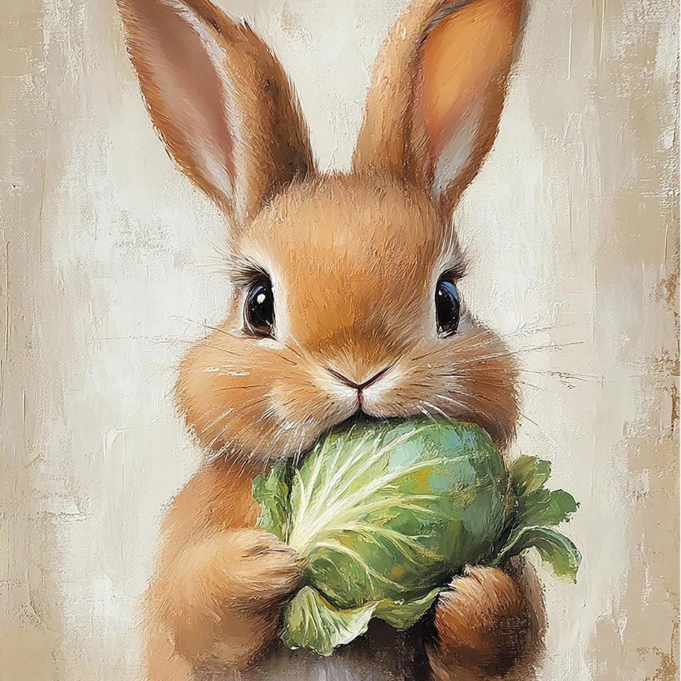 Cute Spring Bunny With Cabbage | Nursery Wall Art | Neutral Print