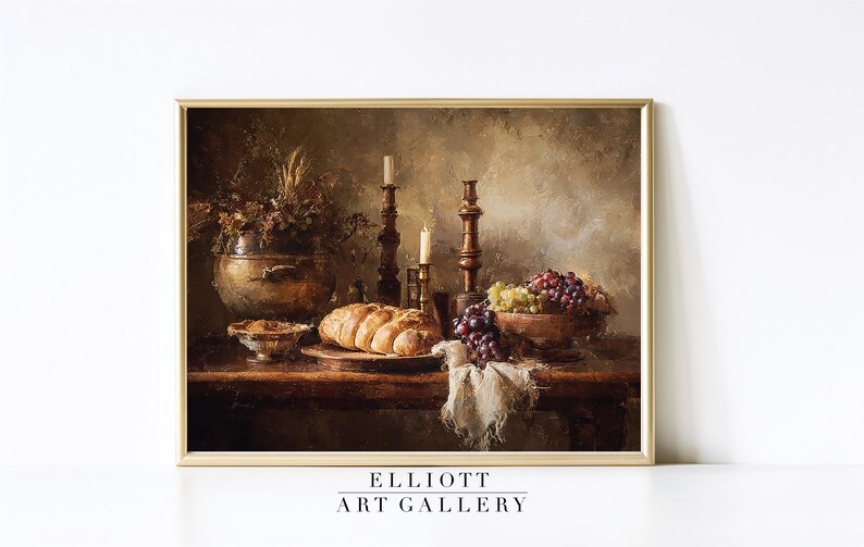 May include: A still life painting featuring a wooden table laden with food and decor. A loaf of bread, grapes, and a bowl of nuts are present. Two candlesticks with lit candles and a copper pot with dried flowers complete the scene. The text "ELLIOTT ART GALLERY" is at the bottom.