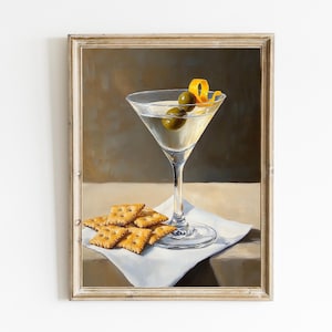 Przekąska Martini | Martwa natura z Martini i krakersami | Modna sztuka ścienna | Fantazyjny wystrój kuchni | Dekoracja wózka baru koktajlowego | DO DRUKU | E632