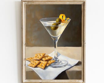 Martini Snack | Martini and Crackers Still Life | Trendy Wall Art | Whimsical Kitchen Decor |Cocktail Bar Cart Decor | PRINTABLE | E632