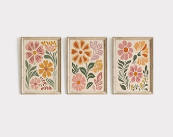 Set di tre stampe floreali astratte Boho/Botanica Boho/Decorazione da parete tenue/Stampa in terracotta/Decorazione da parete per cameretta dei bambini/Stampe artistiche digitali/E437