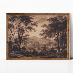 Vintage Moody Sepia Landscape Print | Antique Dark Brown Landscape | Charcoal Wall Art | Farmhouse Wall Decor | PRINTABLE | E202