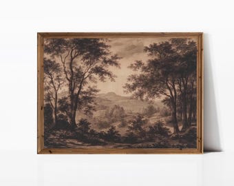 Vintage Moody Sepia Landscape Print | Antique Dark Brown Landscape | Charcoal Wall Art | Farmhouse Wall Decor | PRINTABLE | E202