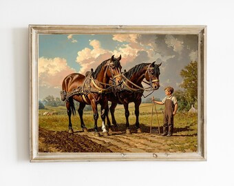 Vintage Horse Painting | Rustic Equestrian Art | Farmhouse Decor | Printable Fine Art | Animal Oil Painting | Downloadable Art | E703