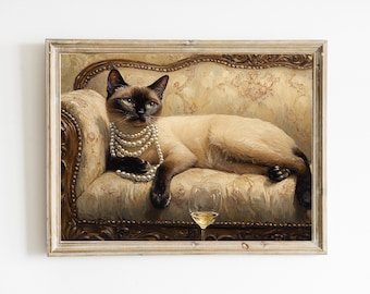 エレガントなシャム猫 | 気まぐれな猫アート | バーカートの装飾 | シャム猫の絵画 | ファインアート装飾 | 猫好きへのギフト | 印刷可能 | E491