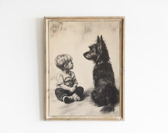 Vintage Sketch of a Boy and a Dog | Child's Room Farmhouse Wall Art | Contemporary Modern Neutral Art | PRINTABLE | Downloadable | E932