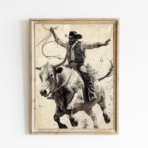 Western Cowboy Print | Cowboy Riding Bucking Bull Decor | Vintage Horse Art | Rustic Horse Lover Gift | Rodeo Wall Art | PRINTABLE | E732