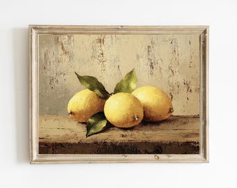 May include: A framed painting of three lemons with green leaves on a wooden table. The background is a textured, light brown color.