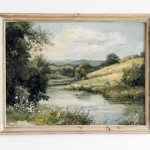 Paesaggio estivo vintage neutro / Stampa artistica estiva / Decorazione cottagecore / Decorazione murale in stile fattoria / Paesaggio fluviale vintage / STAMPABILE / E369