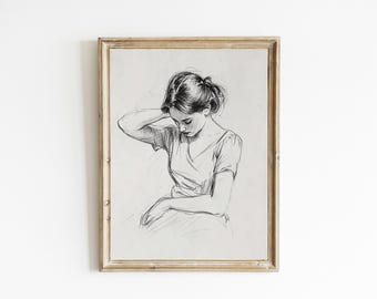 Sketch of a Woman | Line Drawing | Neutral Farmhouse Wall Decor | Contemporary Modern Neutral Art | PRINTABLE | Downloadable | E925