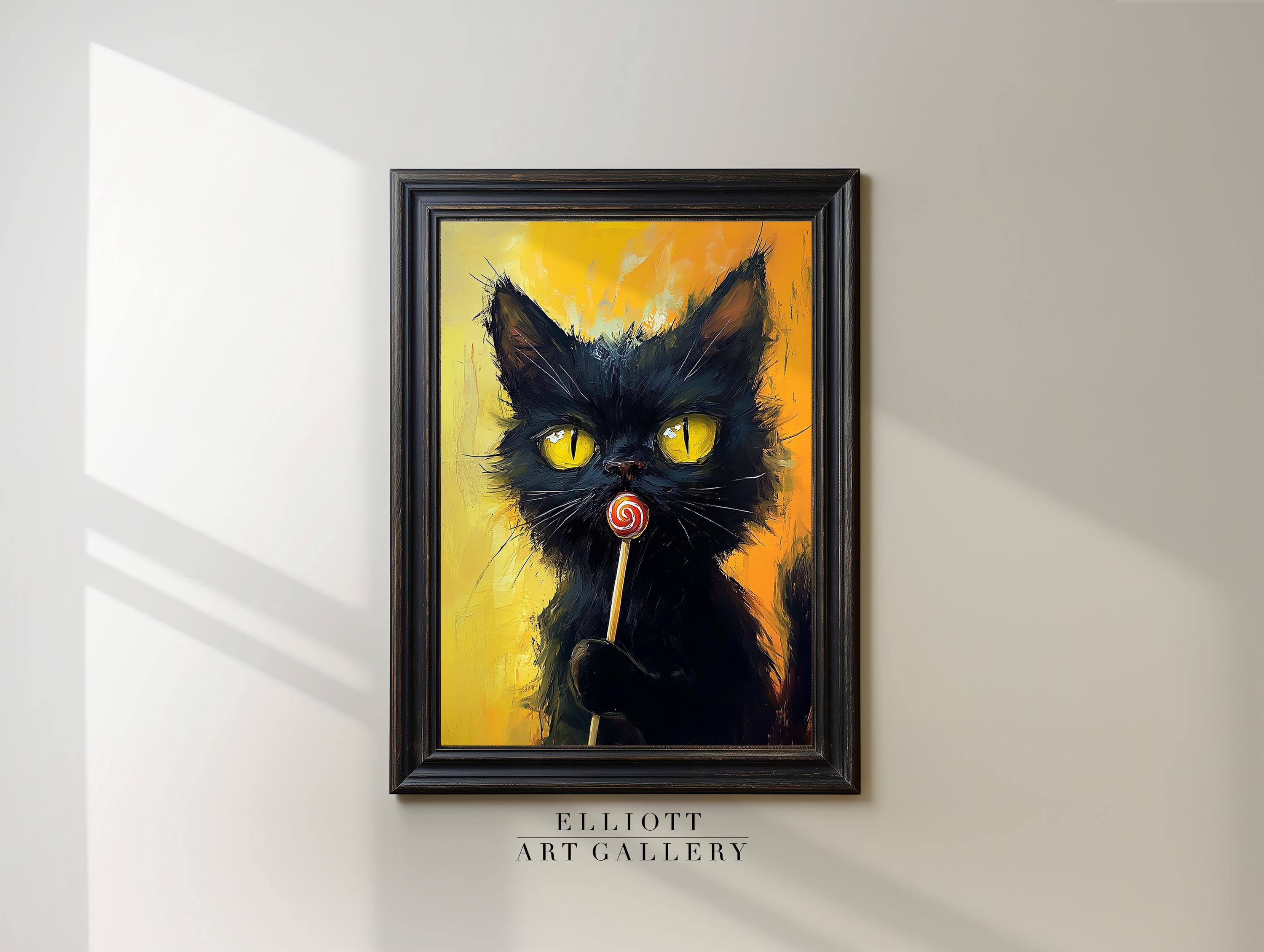 Black Cat With a Lollipop | Modern Wall Decor | Cat Wall Decor