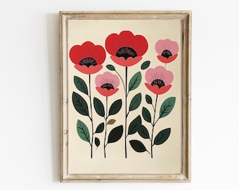 Vibrant Poppies Print | Boho Botanical | Colorful Spring Wall Decor | Bright Floral Print | Pink and Green Nursery Art | Digital | E406