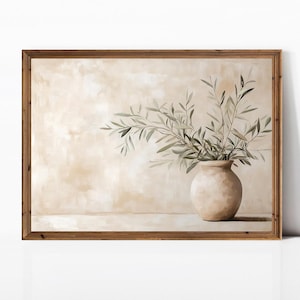 May include: A painting of a beige vase with green branches in it, set against a beige background.