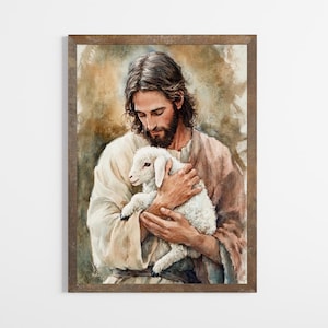 May include: A painting depicting Jesus holding a white lamb in his arms. The painting is executed in a watercolour style and has a soft, gentle feel.