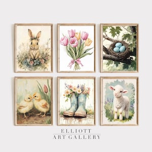 Conjunto de seis da Spring Gallery | Arte de parede para impressão de primavera | Arte de Páscoa | Arte de parede para quarto infantil de primavera | Impressões neutras de primavera para impressão | E139