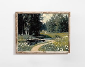 Serene Summer Bridge | Muted Vintage Farmhouse Wall Decor | Countryside River Bridge Painting | Cottagecore Wall Decor | PRINTABLE | E679