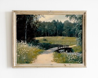 Summer Bridge Landscape | Muted Vintage Farmhouse Wall Decor | Countryside River Bridge Painting | Cottagecore Wall Decor | PRINTABLE | E678