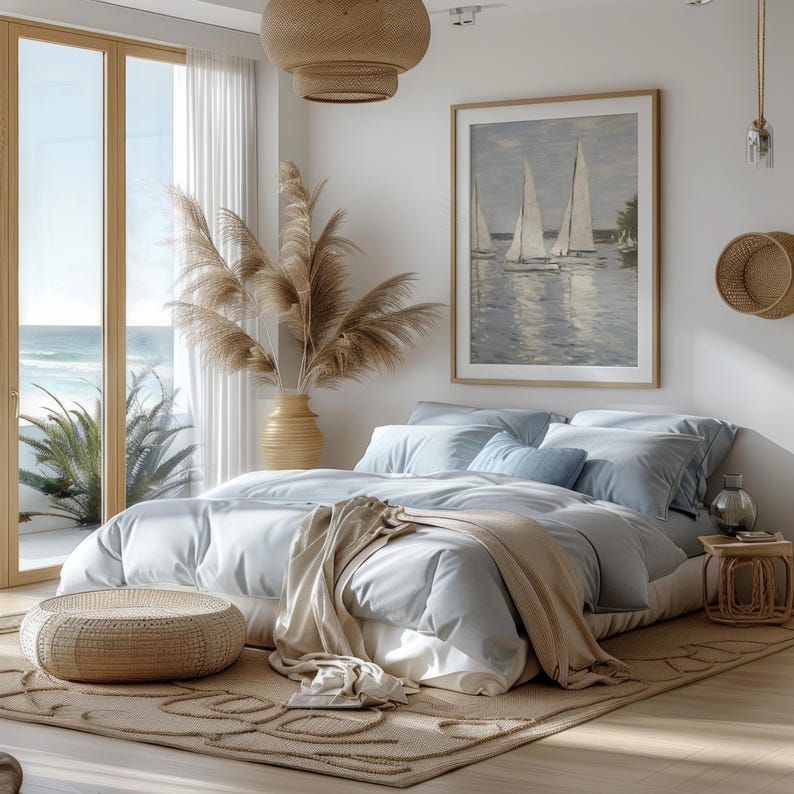 May include: A serene bedroom scene featuring a bed with light blue bedding, a beige throw, and decorative pillows. A framed painting of sailboats hangs above the bed. A woven rug, a round ottoman, and a vase with dried plants complete the coastal decor.