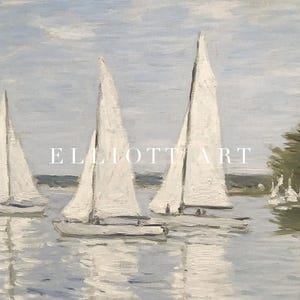 May include: An oil painting depicts sailboats on a body of water under a cloudy sky. The boats have white sails and gray hulls. The text "ELLIOTT ART" is printed in white across the image.