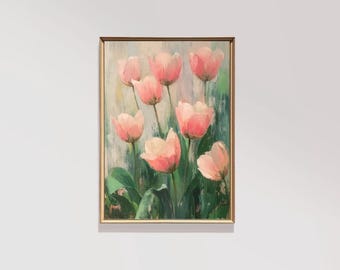 May include: A framed painting of pink tulips with green leaves against a light green background.