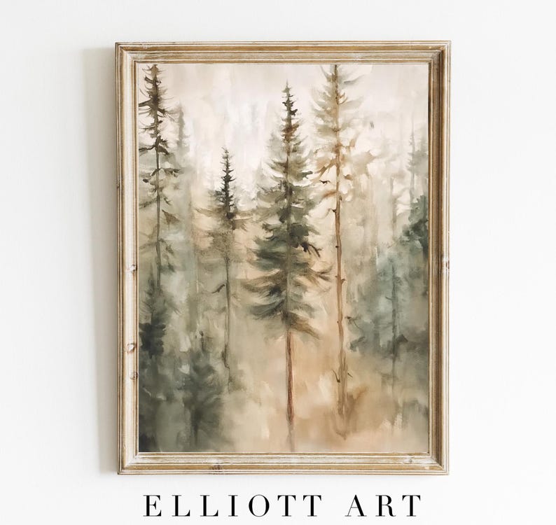 Vintage Pine Forest Watercolor Painting | Pine Tree Wall Art | Moody ...