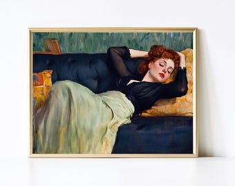Decadencia romántica / Impresión vintage / Retrato de mujer victoriana / Retrato vintage de mujer reclinada / Arte mural imprimible / E231