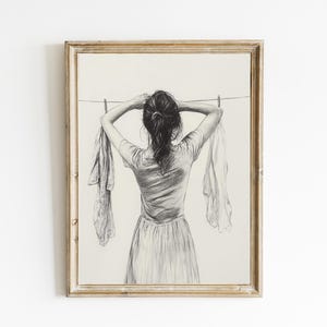 Vintage Drawing of Woman Hanging Laundry | Neutral Farmhouse Wall Decor | Contemporary Modern Neutral Art | PRINTABLE | Downloadable | E929