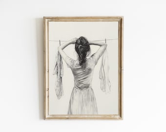 Vintage Drawing of Woman Hanging Laundry | Neutral Farmhouse Wall Decor | Contemporary Modern Neutral Art | PRINTABLE | Downloadable | E929