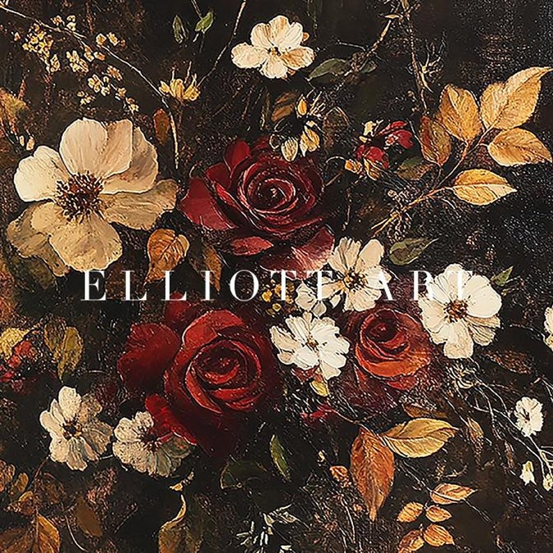 K&ouml;nnte beinhalten: Ein dunkles Blumenbild mit einem Bouquet aus roten Rosen, wei&szlig;en G&auml;nsebl&uuml;mchen und gelb gef&auml;rbten Bl&auml;ttern. Der Text "ELLIOTT ART" ist unten im Bild zu sehen. Das Kunstwerk hat eine Vintage- und stimmungsvolle &Auml;sthetik.