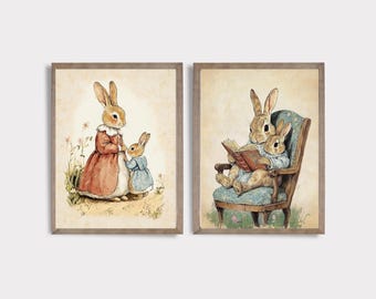 Mother Rabbit and Baby Rabbit SET of Two | Nursery Prints | Vintage Rabbit Decor | Charming Kid's Room | PRINTABLE | Digital Download | E136