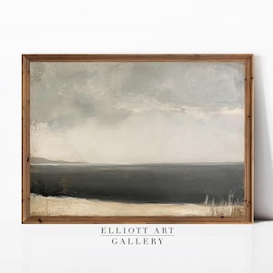 Könnte beinhalten: Ein gerahmtes Gemälde einer Meereslandschaft mit einem hellblauen Himmel und einem dunkelblauen Meer. Das Gemälde ist in einem Holzrahmen mit einer hellbraunen Oberfläche.