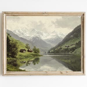 Antique Mountain Wall Art | European Lake House Art Decor | Rustic Summer Lake Art Print | Vintage Landscape Print | Cottagecore |  E483