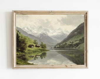 アルパイン湖の絵画：山の風景画、湖畔の家の装飾 - Etsy 日本
