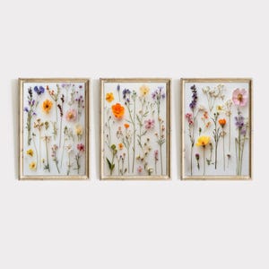 Pressed Flower Print SET of Three | Modern Floral Wall Decor | Natural Home Art | Minimalistic Art | Natural Nursery Art | Digital | E432