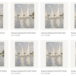 May include: Antique sailboat print featuring several white sailboats on a body of water. The print has a soft, muted color palette with the text "Antique Sailboat Print E627" and size dimensions.