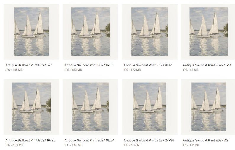 May include: Antique sailboat print featuring several white sailboats on a body of water. The print has a soft, muted color palette with the text "Antique Sailboat Print E627" and size dimensions.