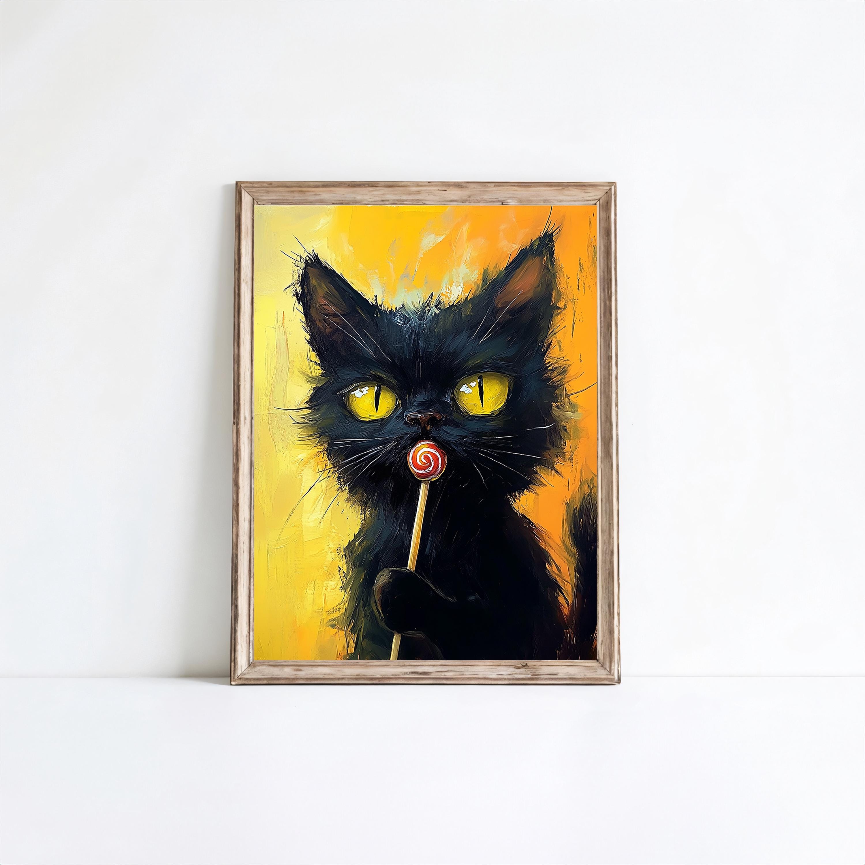 BLACK CAT 複製原画 Black Cat With a Lollipop | Modern Wall Decor | Cat Wall Decor