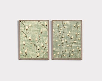 Spring Pussywillow Textile SET of Two | Sage Green Tapestry Wall Decor | Vintage Botanical Wall Art | PRINTABLE | Digital Download | E666