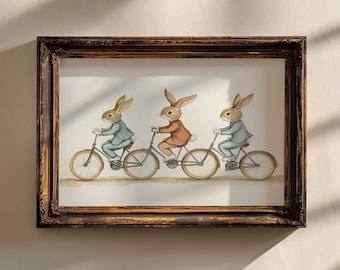 Fietskonijntjes| Neutrale landelijke decoratie voor de kinderkamer | Vintage kinderkamer afdrukbare | Vintage print konijnen op fietsen | AFDRUKBARE peuterkunst | E643