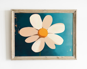 May include: A framed painting of a large, white daisy with a yellow center on a teal background.