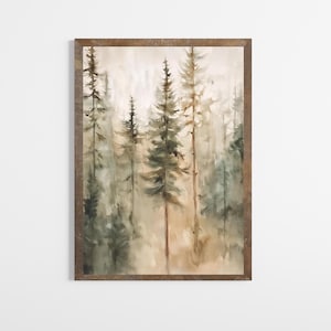 Könnte beinhalten: Ein Aquarellbild einer Waldszene mit hohen, grünen Kiefern in einer nebeligen, braunen und grünen Landschaft.