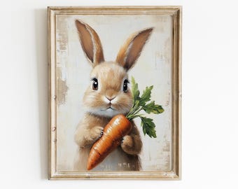 Adorable Spring Bunny with Carrot | Nursery Wall Art | Neutral Print |  Spring Decor | Easter Farmhouse Download Digital | PRINTABLE | E479